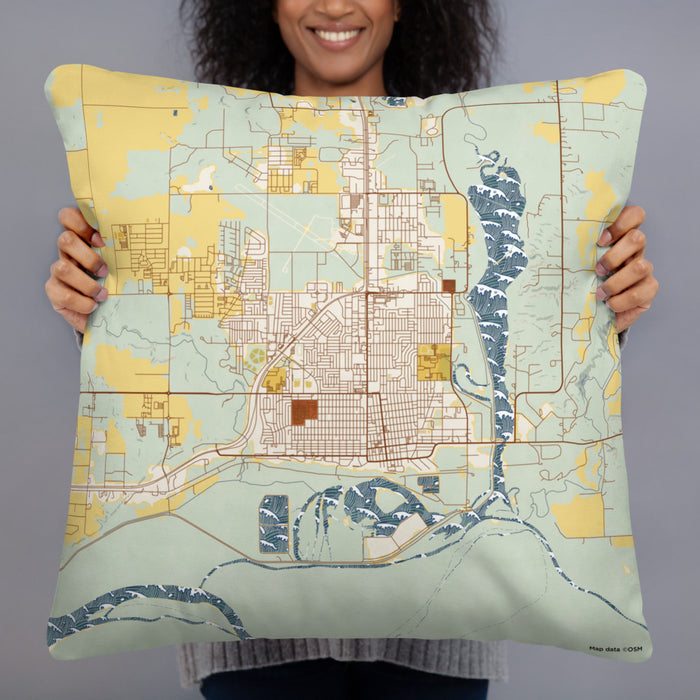 Person holding 22x22 Custom Williston North Dakota Map Throw Pillow in Woodblock