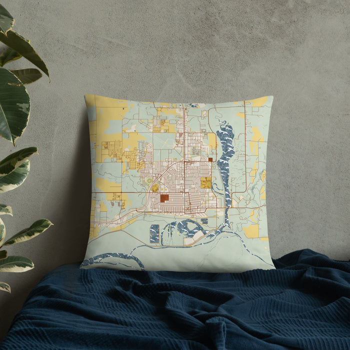 Custom Williston North Dakota Map Throw Pillow in Woodblock on Bedding Against Wall