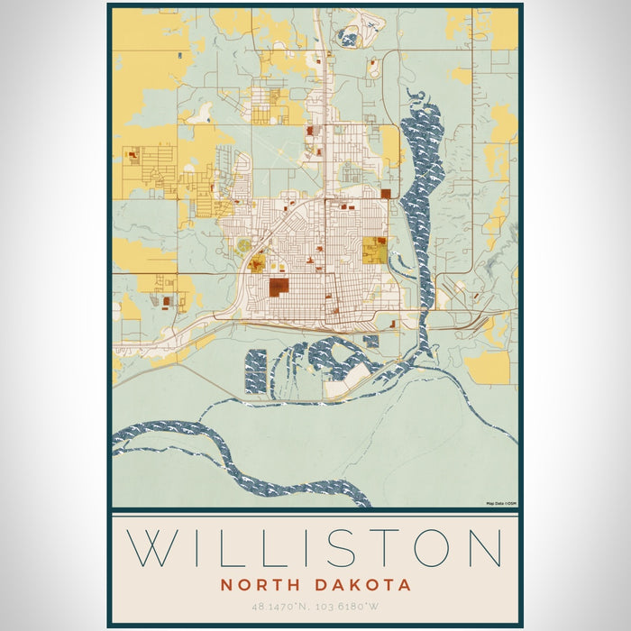 Williston North Dakota Map Print Portrait Orientation in Woodblock Style With Shaded Background