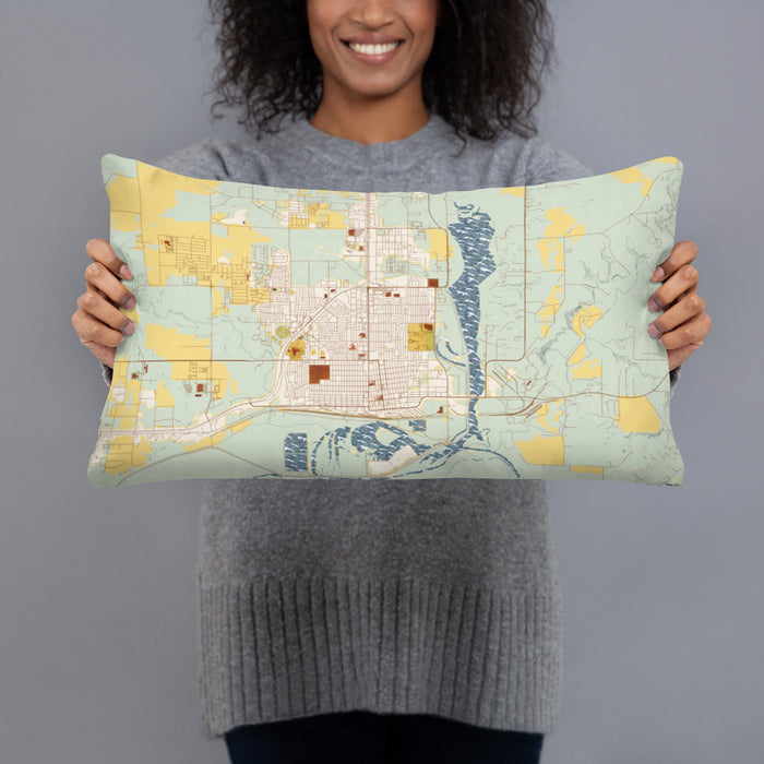 Person holding 20x12 Custom Williston North Dakota Map Throw Pillow in Woodblock
