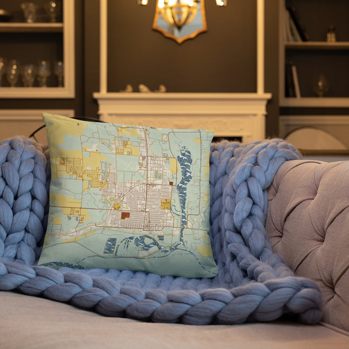 Custom Williston North Dakota Map Throw Pillow in Woodblock on Cream Colored Couch