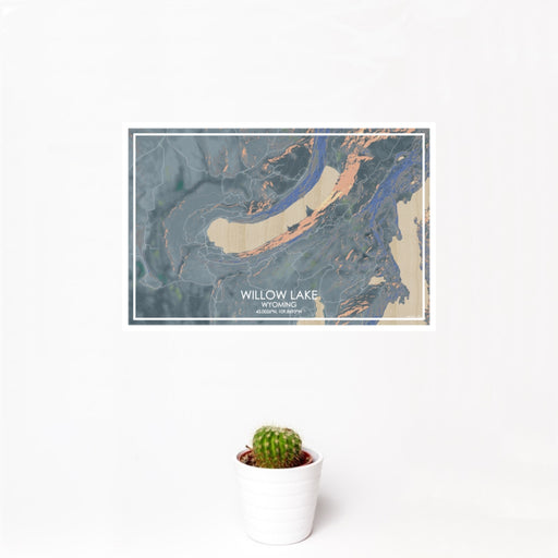 12x18 Willow Lake Wyoming Map Print Landscape Orientation in Afternoon Style With Small Cactus Plant in White Planter