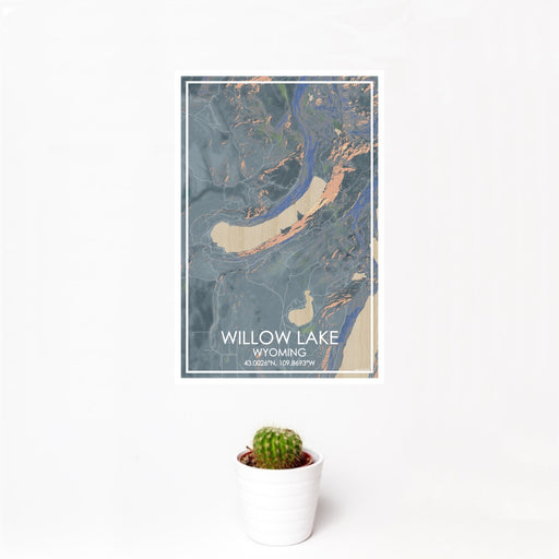 12x18 Willow Lake Wyoming Map Print Portrait Orientation in Afternoon Style With Small Cactus Plant in White Planter