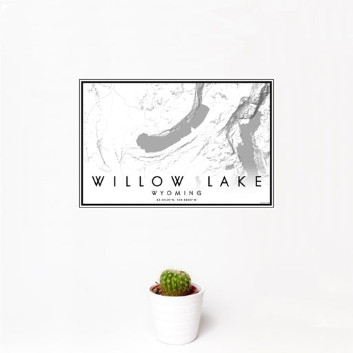 12x18 Willow Lake Wyoming Map Print Landscape Orientation in Classic Style With Small Cactus Plant in White Planter