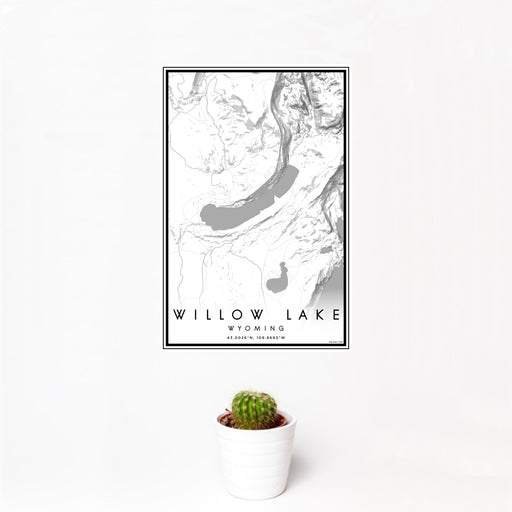 12x18 Willow Lake Wyoming Map Print Portrait Orientation in Classic Style With Small Cactus Plant in White Planter