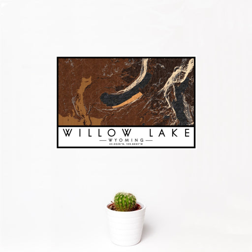 12x18 Willow Lake Wyoming Map Print Landscape Orientation in Ember Style With Small Cactus Plant in White Planter