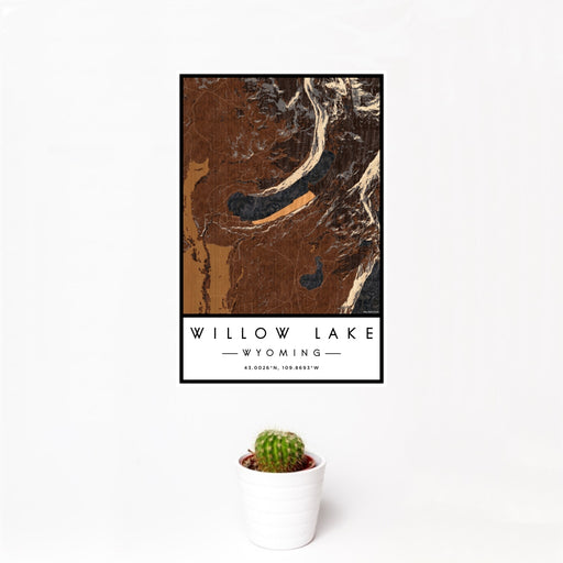 12x18 Willow Lake Wyoming Map Print Portrait Orientation in Ember Style With Small Cactus Plant in White Planter