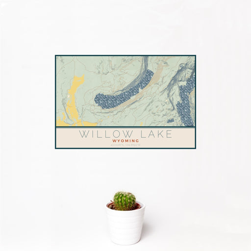 12x18 Willow Lake Wyoming Map Print Landscape Orientation in Woodblock Style With Small Cactus Plant in White Planter