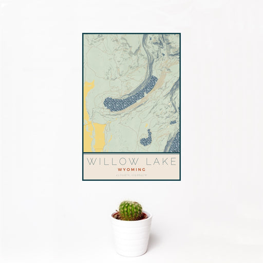 12x18 Willow Lake Wyoming Map Print Portrait Orientation in Woodblock Style With Small Cactus Plant in White Planter