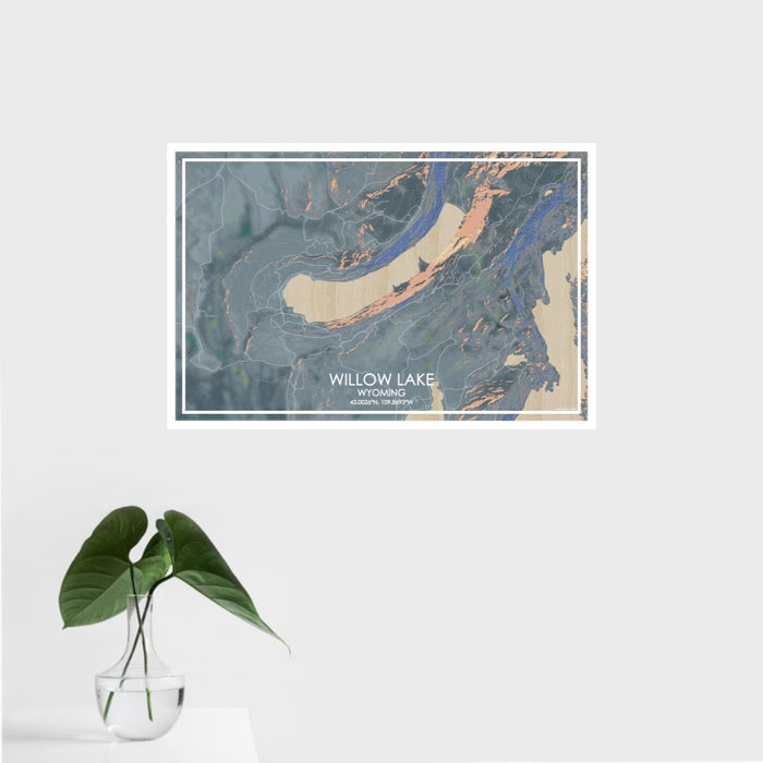 16x24 Willow Lake Wyoming Map Print Landscape Orientation in Afternoon Style With Tropical Plant Leaves in Water