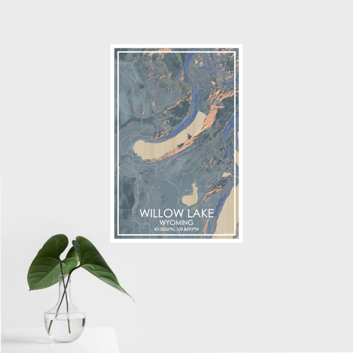 16x24 Willow Lake Wyoming Map Print Portrait Orientation in Afternoon Style With Tropical Plant Leaves in Water