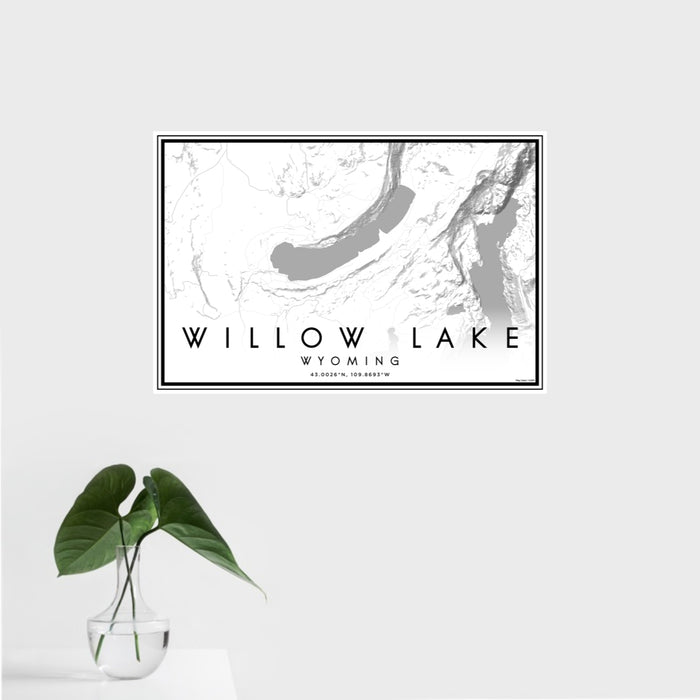 16x24 Willow Lake Wyoming Map Print Landscape Orientation in Classic Style With Tropical Plant Leaves in Water