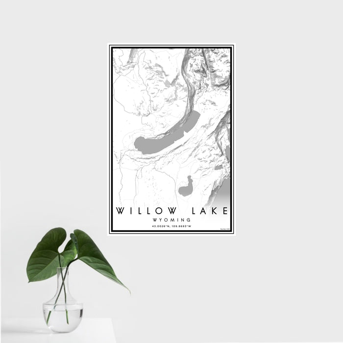 16x24 Willow Lake Wyoming Map Print Portrait Orientation in Classic Style With Tropical Plant Leaves in Water