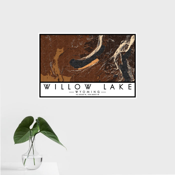 16x24 Willow Lake Wyoming Map Print Landscape Orientation in Ember Style With Tropical Plant Leaves in Water
