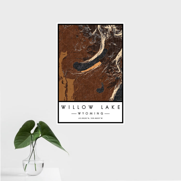 16x24 Willow Lake Wyoming Map Print Portrait Orientation in Ember Style With Tropical Plant Leaves in Water