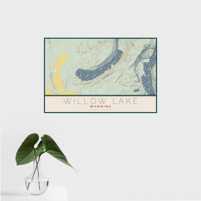 16x24 Willow Lake Wyoming Map Print Landscape Orientation in Woodblock Style With Tropical Plant Leaves in Water