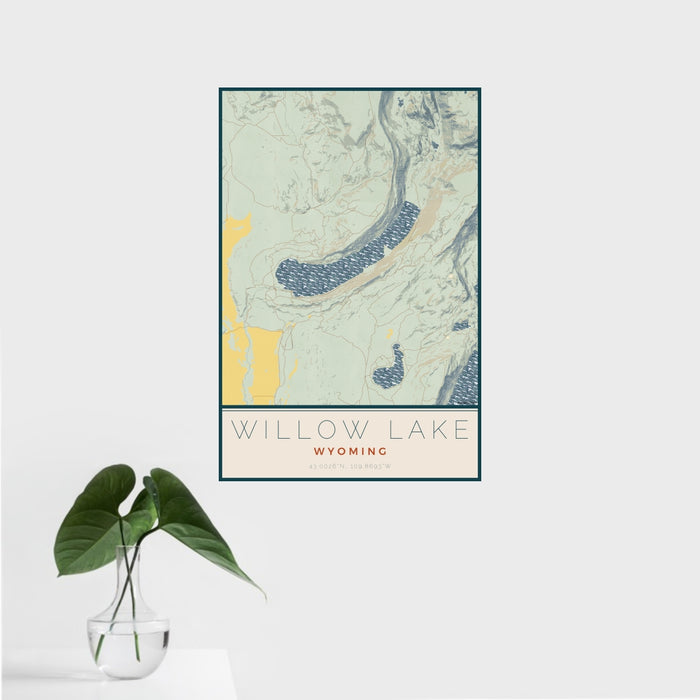 16x24 Willow Lake Wyoming Map Print Portrait Orientation in Woodblock Style With Tropical Plant Leaves in Water