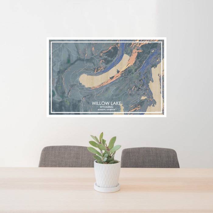 24x36 Willow Lake Wyoming Map Print Lanscape Orientation in Afternoon Style Behind 2 Chairs Table and Potted Plant