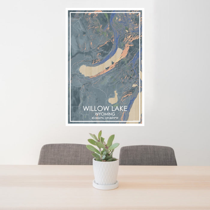 24x36 Willow Lake Wyoming Map Print Portrait Orientation in Afternoon Style Behind 2 Chairs Table and Potted Plant