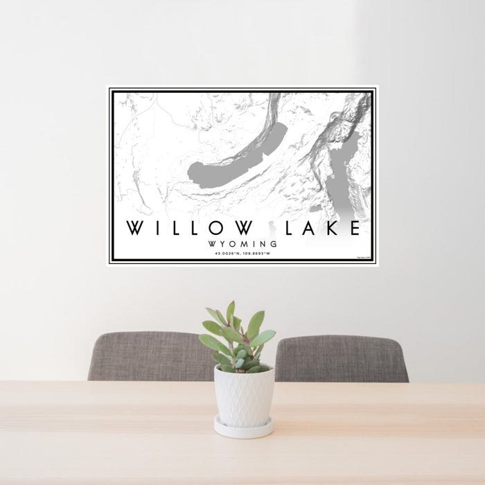 24x36 Willow Lake Wyoming Map Print Lanscape Orientation in Classic Style Behind 2 Chairs Table and Potted Plant