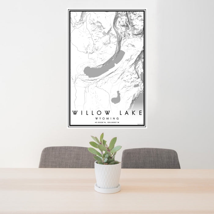 24x36 Willow Lake Wyoming Map Print Portrait Orientation in Classic Style Behind 2 Chairs Table and Potted Plant