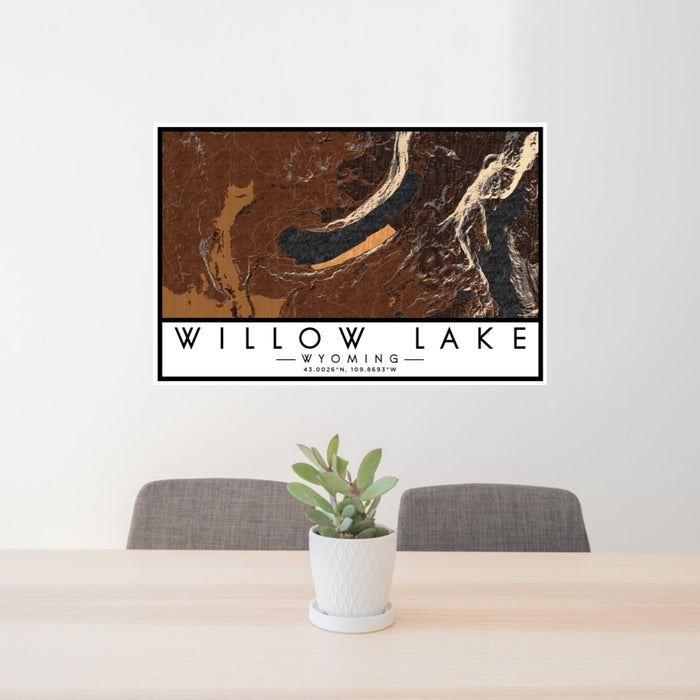 24x36 Willow Lake Wyoming Map Print Lanscape Orientation in Ember Style Behind 2 Chairs Table and Potted Plant
