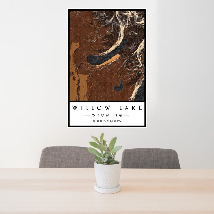 24x36 Willow Lake Wyoming Map Print Portrait Orientation in Ember Style Behind 2 Chairs Table and Potted Plant