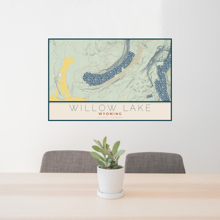 24x36 Willow Lake Wyoming Map Print Lanscape Orientation in Woodblock Style Behind 2 Chairs Table and Potted Plant