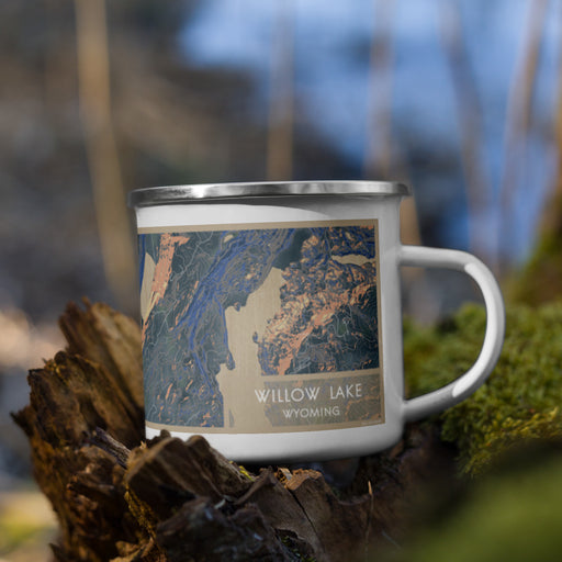 Right View Custom Willow Lake Wyoming Map Enamel Mug in Afternoon on Grass With Trees in Background