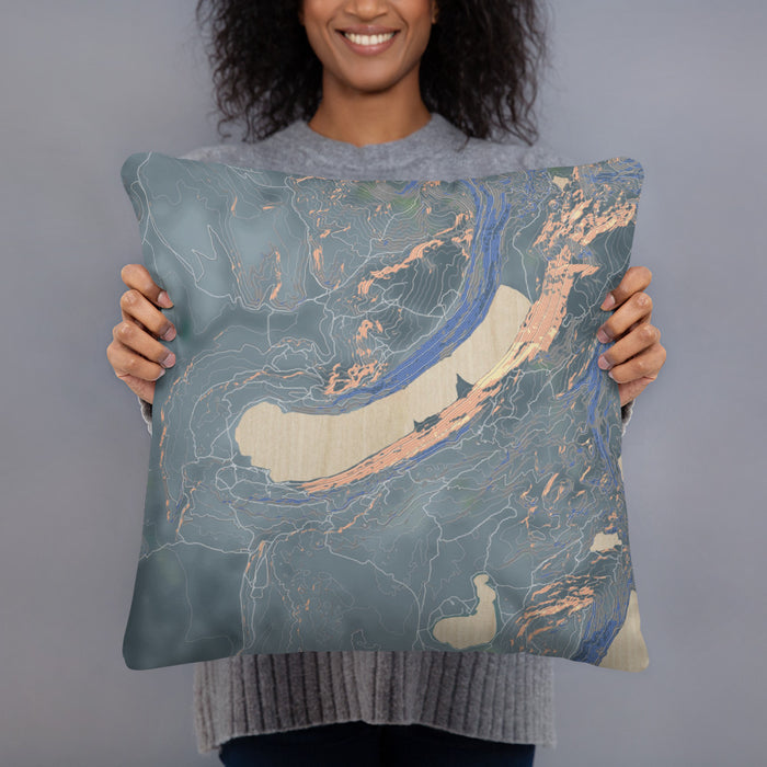 Person holding 18x18 Custom Willow Lake Wyoming Map Throw Pillow in Afternoon