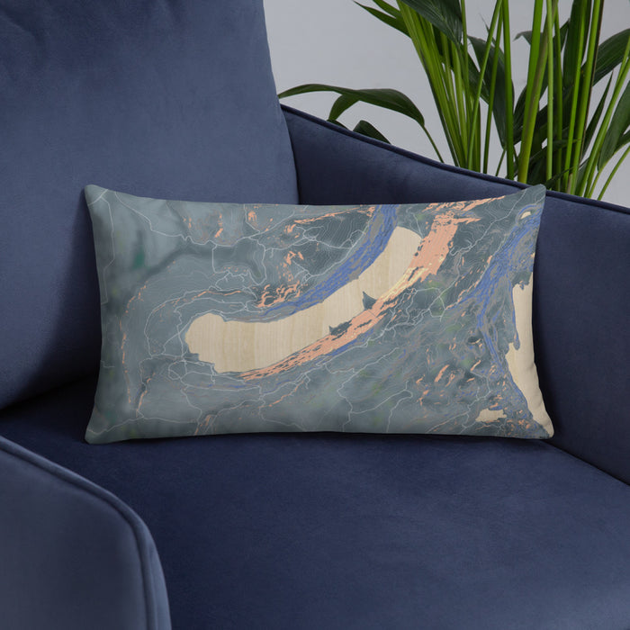 Custom Willow Lake Wyoming Map Throw Pillow in Afternoon on Blue Colored Chair