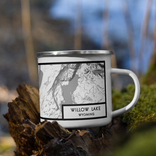 Right View Custom Willow Lake Wyoming Map Enamel Mug in Classic on Grass With Trees in Background