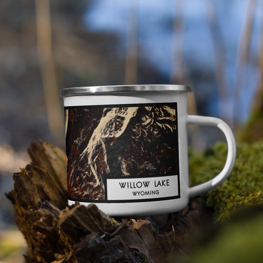 Right View Custom Willow Lake Wyoming Map Enamel Mug in Ember on Grass With Trees in Background