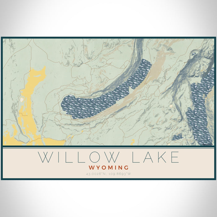 Willow Lake Wyoming Map Print Landscape Orientation in Woodblock Style With Shaded Background