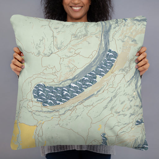 Person holding 22x22 Custom Willow Lake Wyoming Map Throw Pillow in Woodblock
