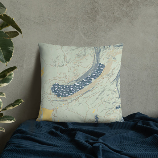 Custom Willow Lake Wyoming Map Throw Pillow in Woodblock on Bedding Against Wall