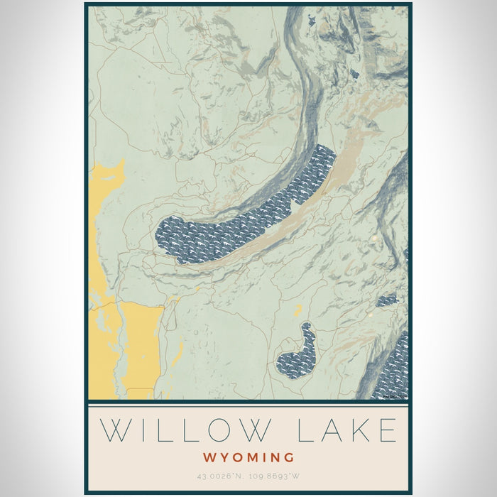 Willow Lake Wyoming Map Print Portrait Orientation in Woodblock Style With Shaded Background