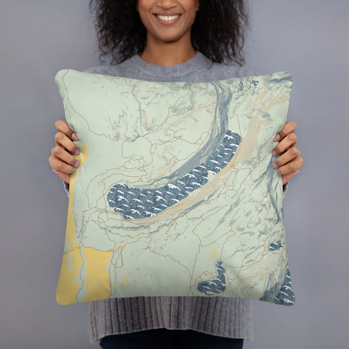 Person holding 18x18 Custom Willow Lake Wyoming Map Throw Pillow in Woodblock