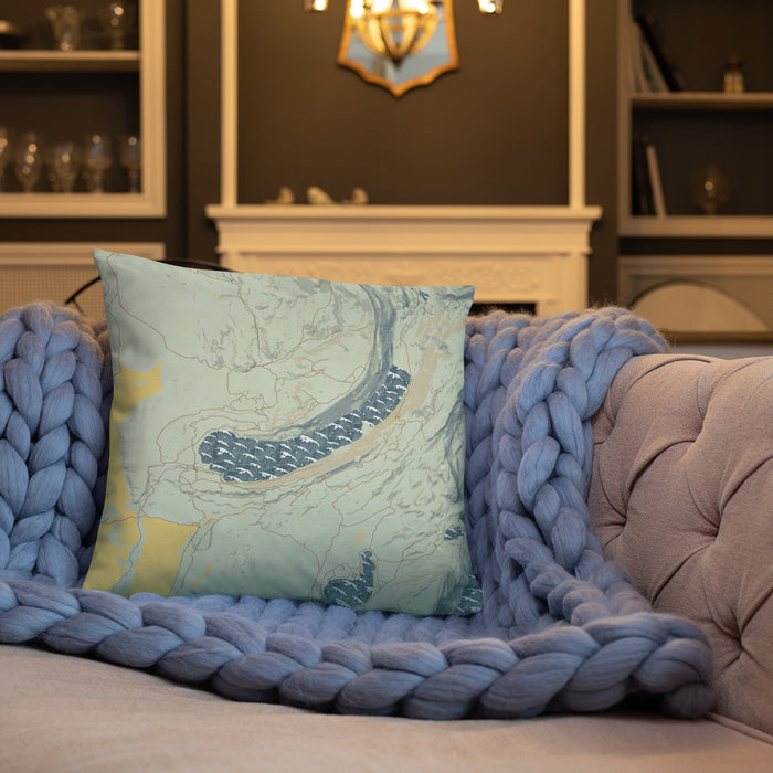Custom Willow Lake Wyoming Map Throw Pillow in Woodblock on Cream Colored Couch