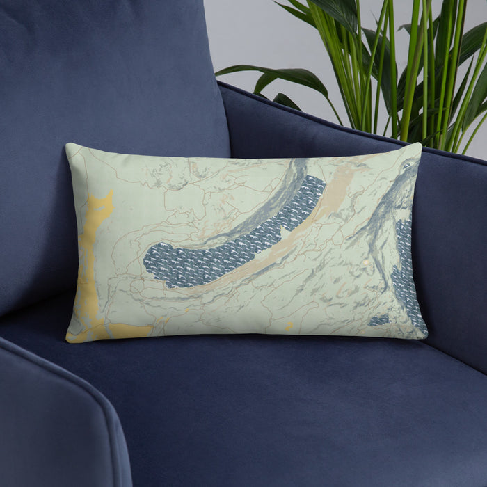 Custom Willow Lake Wyoming Map Throw Pillow in Woodblock on Blue Colored Chair