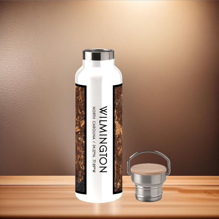 Wilmington North Carolina Custom City Map Inscription Coordinates on 20oz Stainless Steel Insulated Bottle with Bamboo Top with printed ember style map