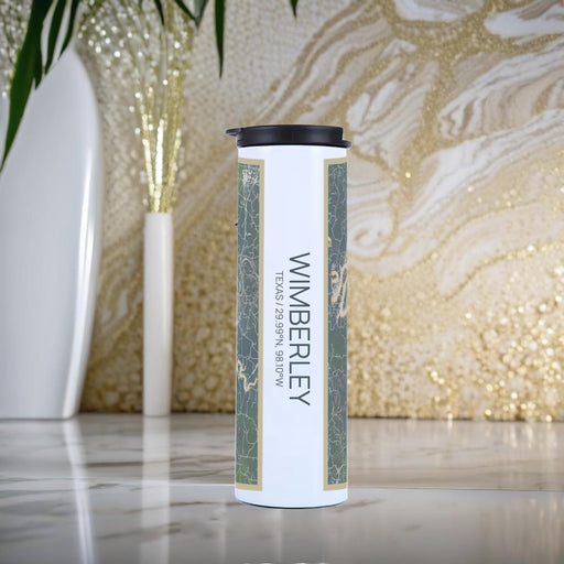 Wimberley Texas Custom City Map Inscription Coordinates on 17oz Stainless Steel Insulated Tumbler in Afternoon Map Style