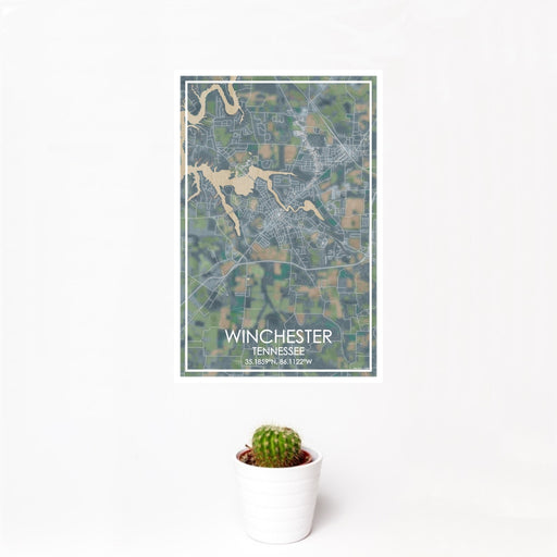 12x18 Winchester Tennessee Map Print Portrait Orientation in Afternoon Style With Small Cactus Plant in White Planter