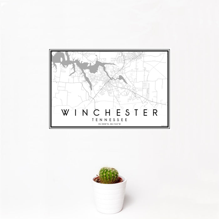 12x18 Winchester Tennessee Map Print Landscape Orientation in Classic Style With Small Cactus Plant in White Planter