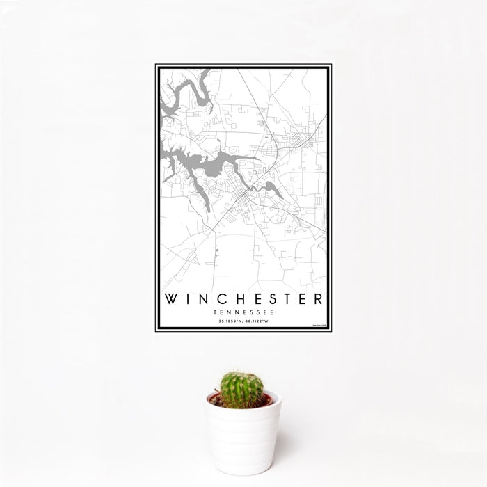 12x18 Winchester Tennessee Map Print Portrait Orientation in Classic Style With Small Cactus Plant in White Planter