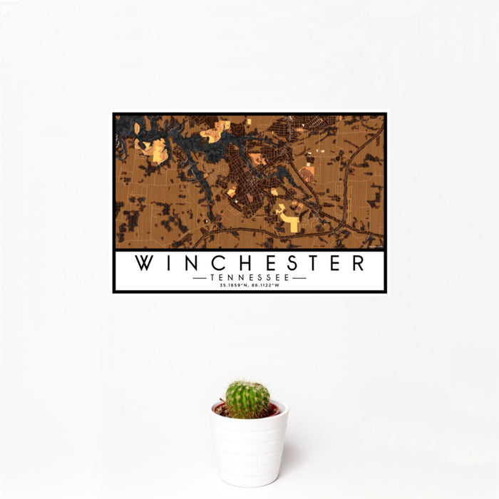 12x18 Winchester Tennessee Map Print Landscape Orientation in Ember Style With Small Cactus Plant in White Planter