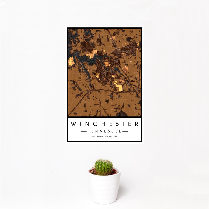 12x18 Winchester Tennessee Map Print Portrait Orientation in Ember Style With Small Cactus Plant in White Planter