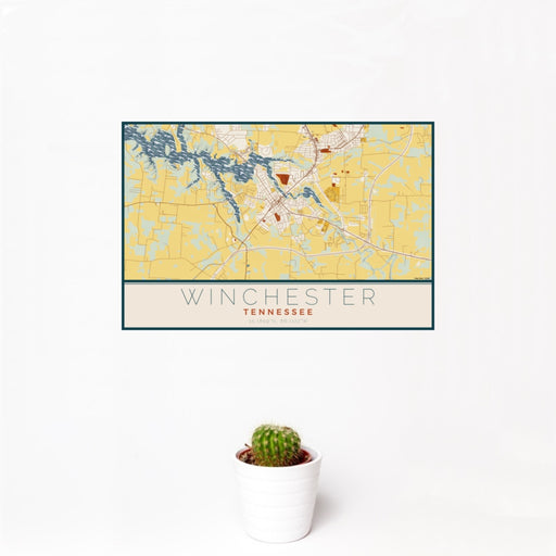 12x18 Winchester Tennessee Map Print Landscape Orientation in Woodblock Style With Small Cactus Plant in White Planter