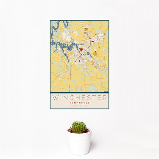 12x18 Winchester Tennessee Map Print Portrait Orientation in Woodblock Style With Small Cactus Plant in White Planter