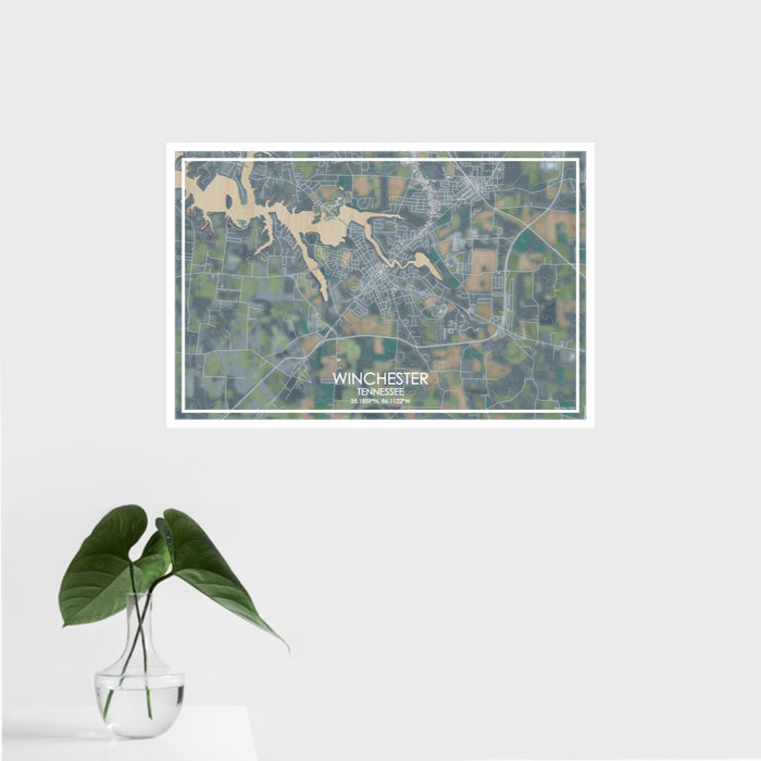 16x24 Winchester Tennessee Map Print Landscape Orientation in Afternoon Style With Tropical Plant Leaves in Water